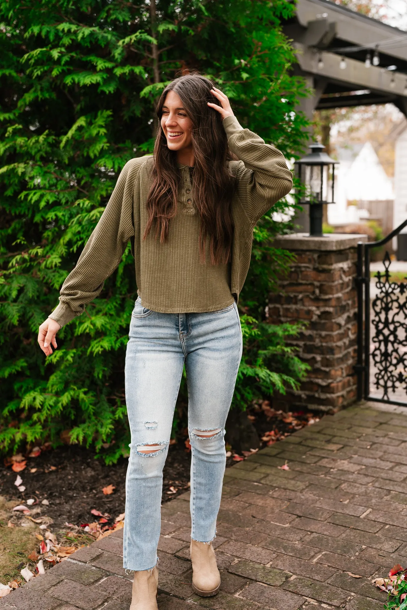 Fine Line Waffle Knit Long Sleeve- Moss