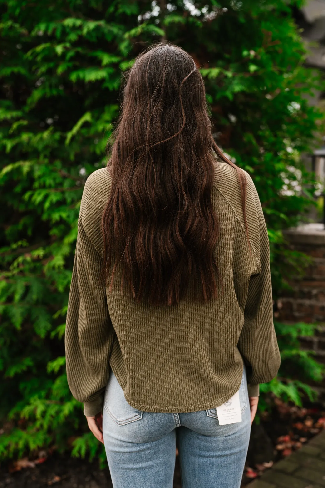 Fine Line Waffle Knit Long Sleeve- Moss