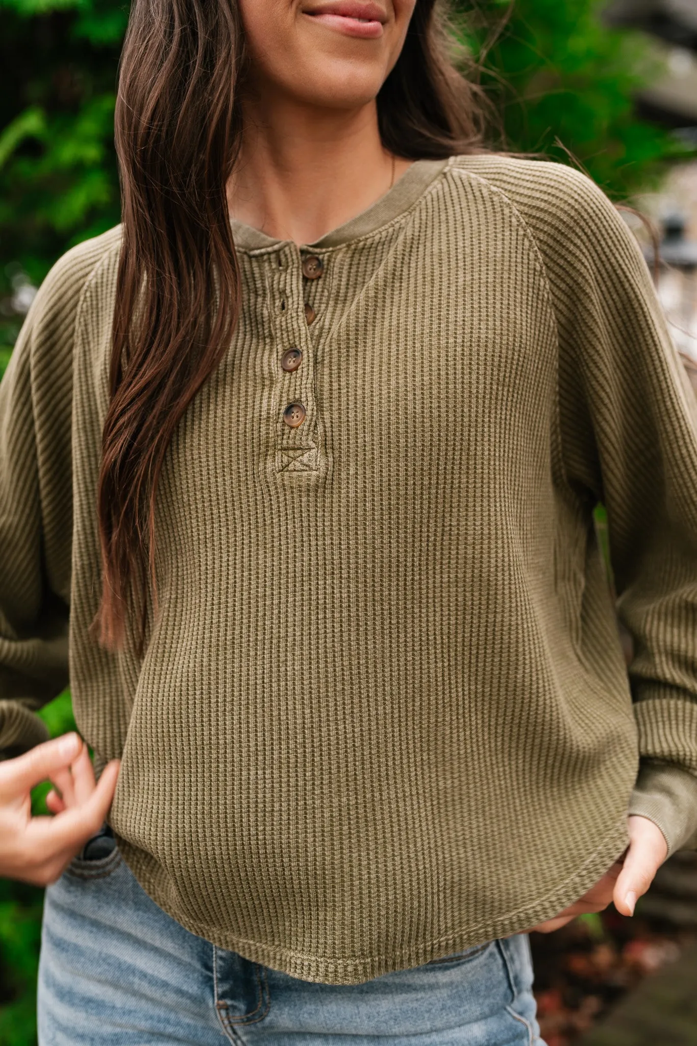 Fine Line Waffle Knit Long Sleeve- Moss