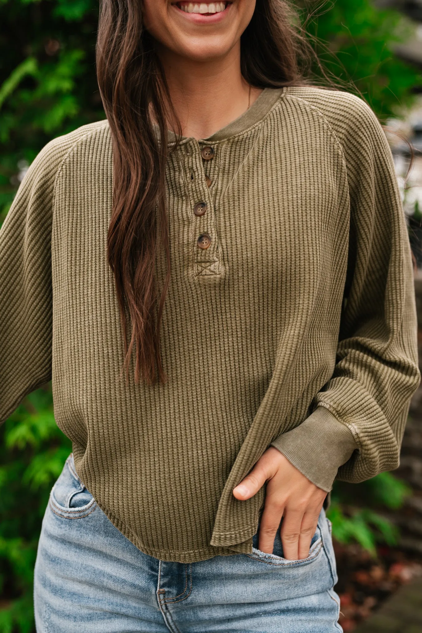 Fine Line Waffle Knit Long Sleeve- Moss