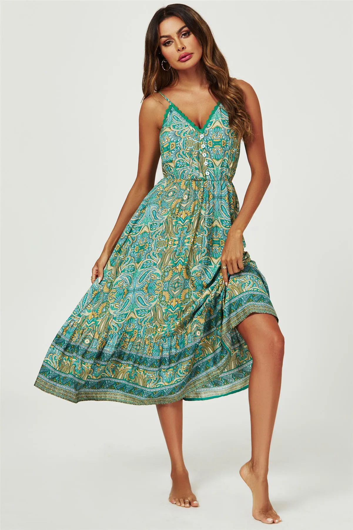 FS Collection Paisley Green Print Strappy Midi Dress