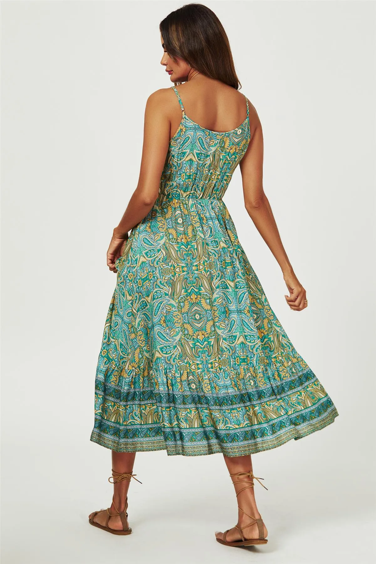 FS Collection Paisley Green Print Strappy Midi Dress