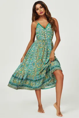 FS Collection Paisley Green Print Strappy Midi Dress