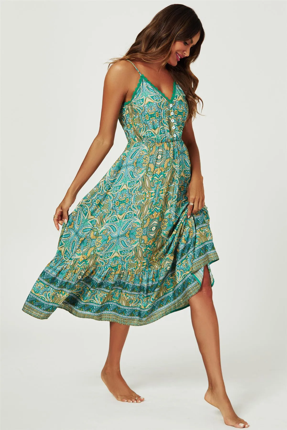FS Collection Paisley Green Print Strappy Midi Dress