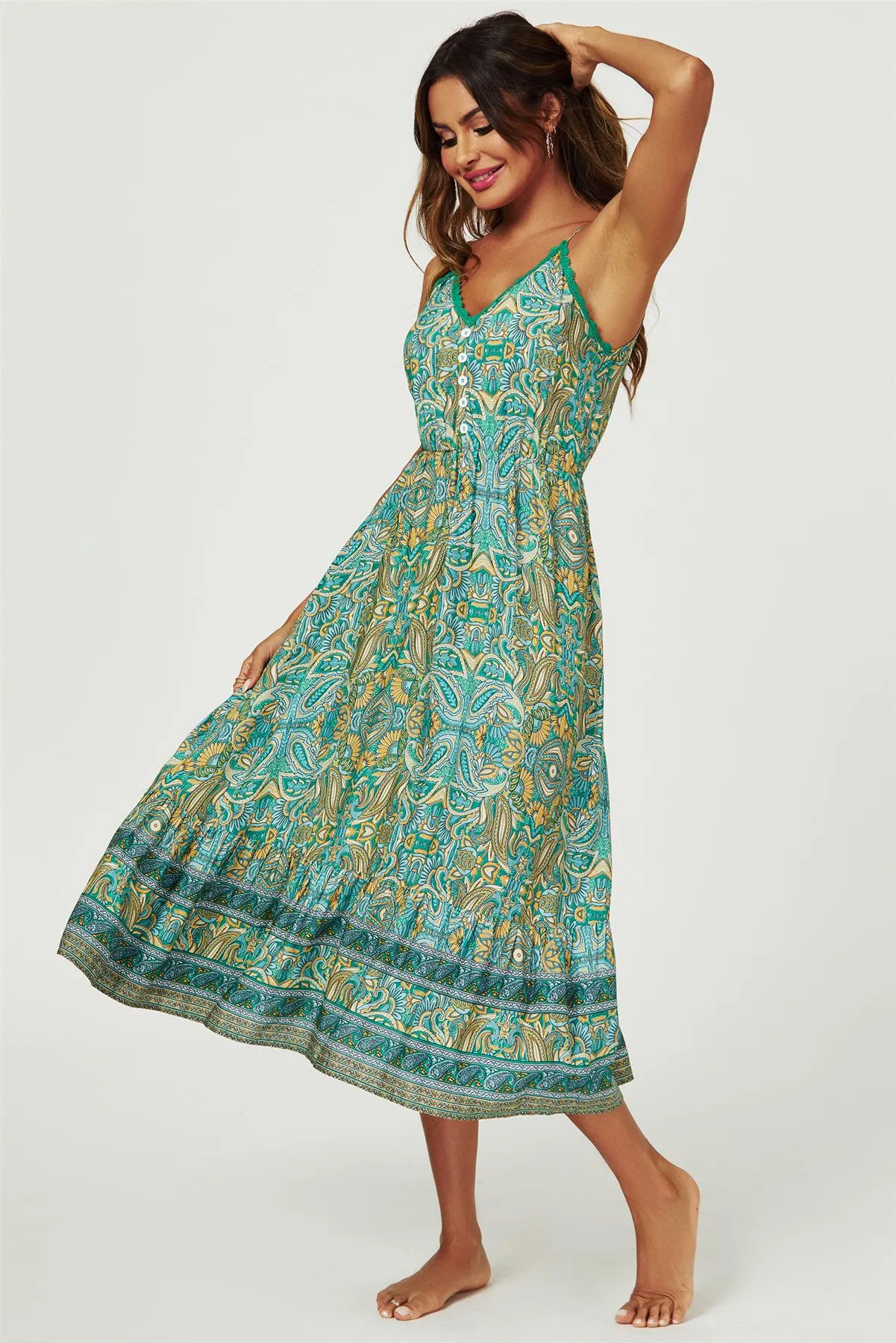 FS Collection Paisley Green Print Strappy Midi Dress