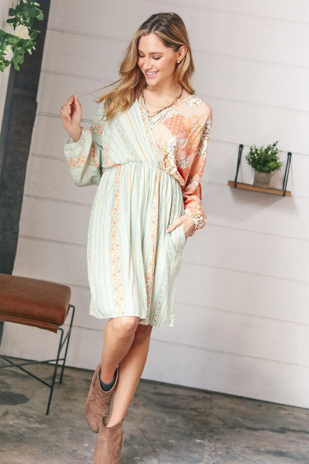 Gentle Breeze Floral Color Block Boho Dress
