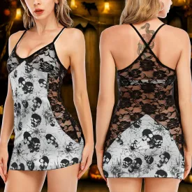 Gothic Skull Spider Pattern Women's Black Lace Cami Dress Babydolls Nightgown
