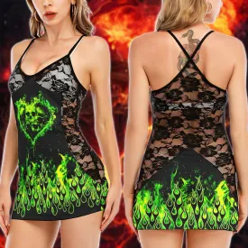 Green Skull Flame Women's Black Lace Cami Dress Babydolls Nightgowns