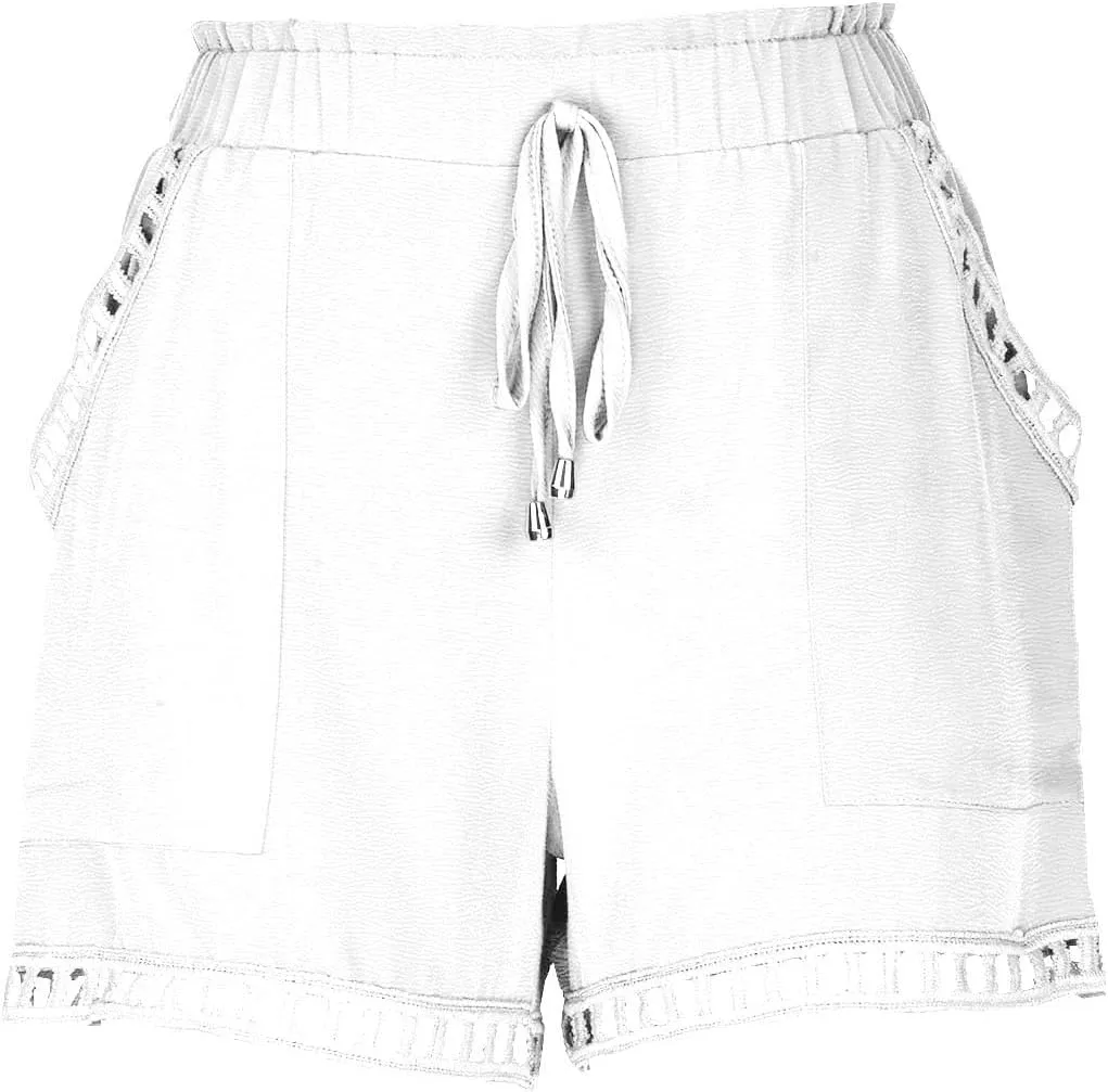 HGps8w Hollow Hem Linen Shorts for Women Summer Drawstring Paperbag Waist Comfy Loungwear Beach Shorts with Pockets