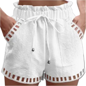 HGps8w Hollow Hem Linen Shorts for Women Summer Drawstring Paperbag Waist Comfy Loungwear Beach Shorts with Pockets