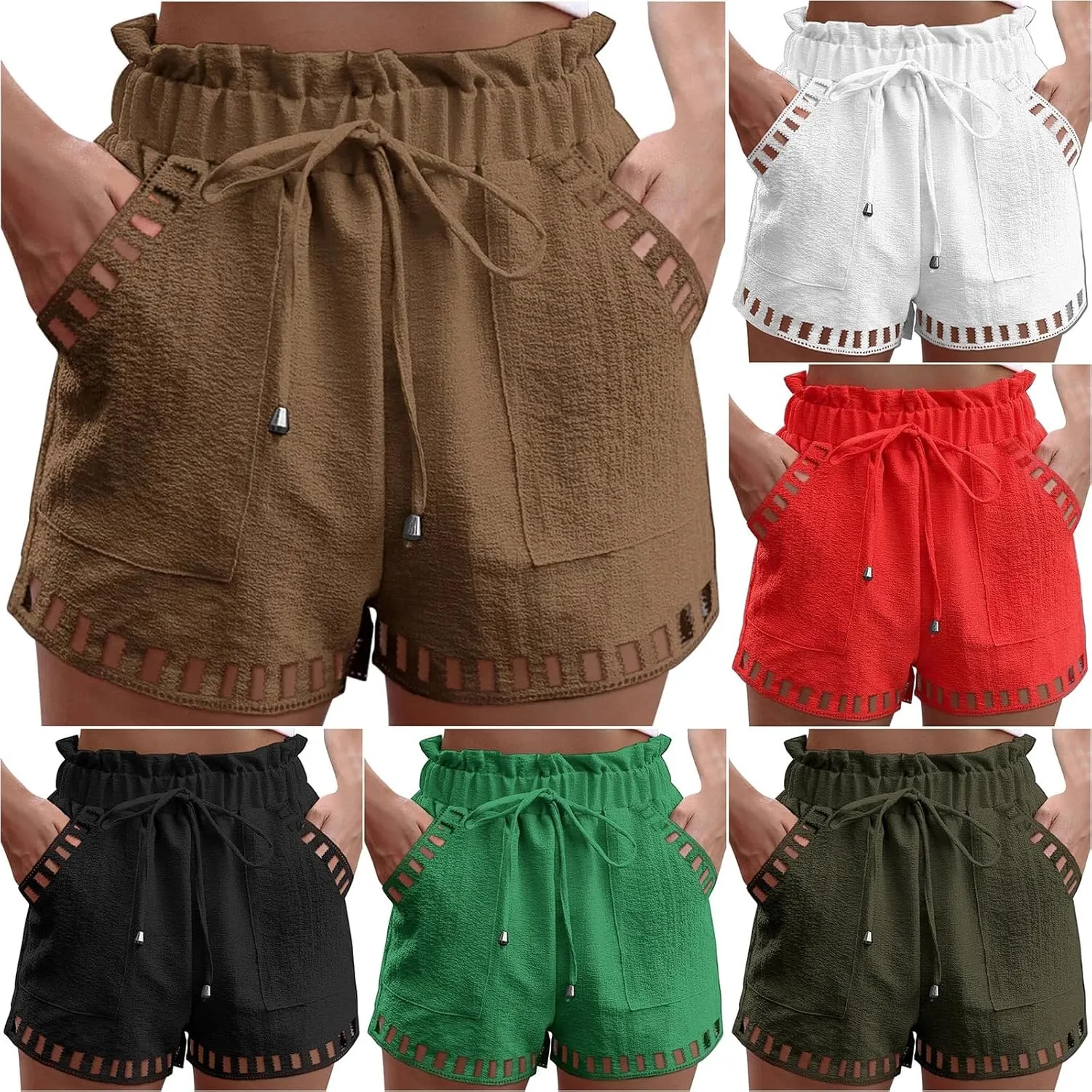 HGps8w Hollow Hem Linen Shorts for Women Summer Drawstring Paperbag Waist Comfy Loungwear Beach Shorts with Pockets