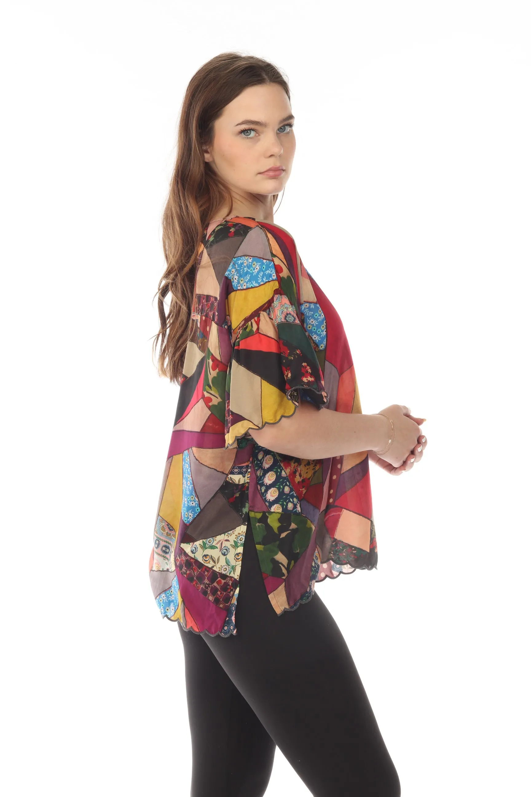Johnny Was Vintage Eloise Silk Patchwork Print Scalloped Top Boho Chic C15422B7