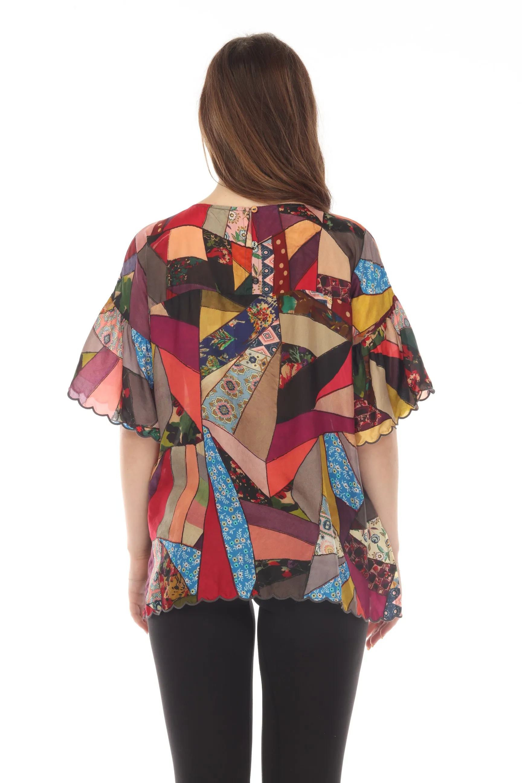 Johnny Was Vintage Eloise Silk Patchwork Print Scalloped Top Boho Chic C15422B7