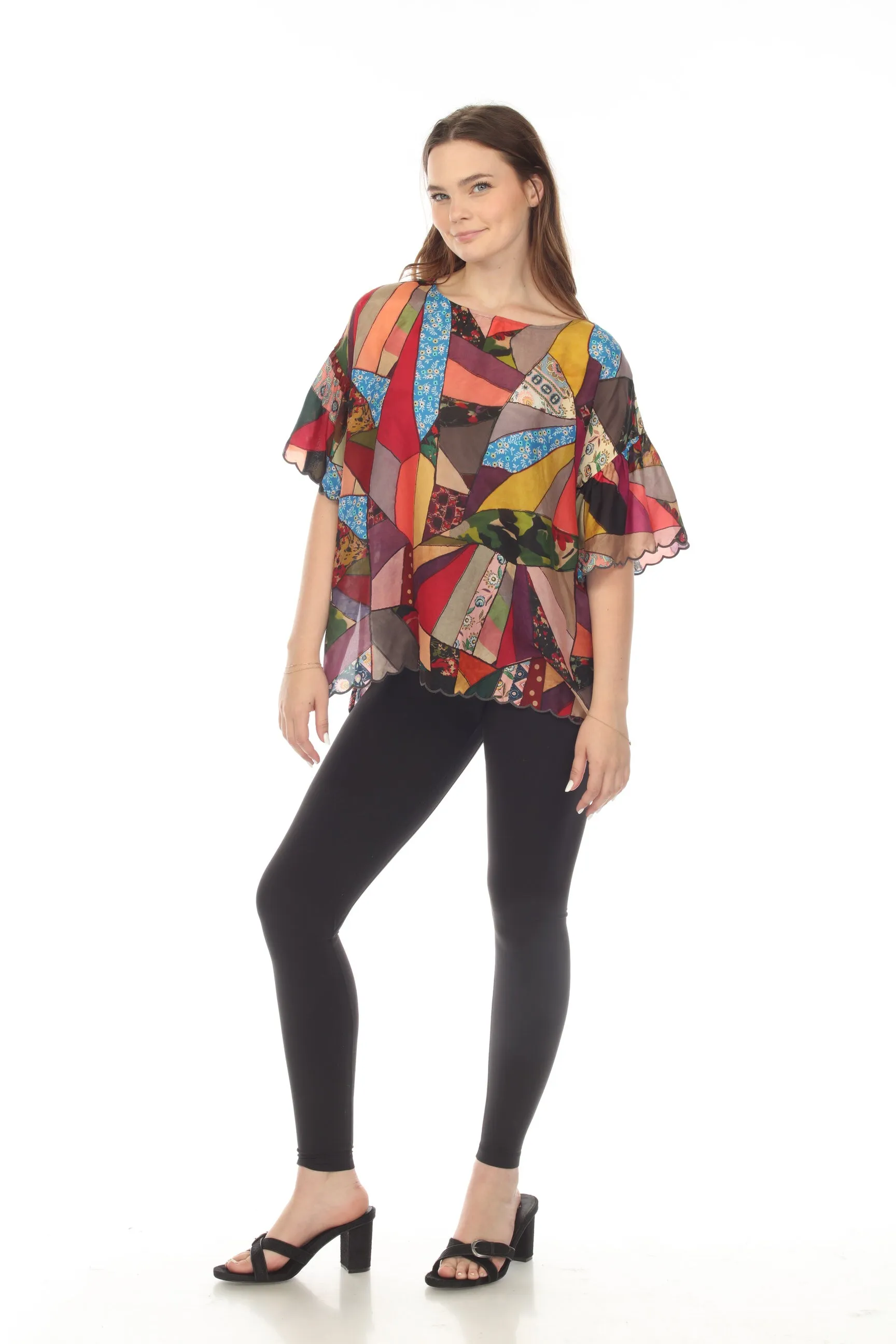 Johnny Was Vintage Eloise Silk Patchwork Print Scalloped Top Boho Chic C15422B7