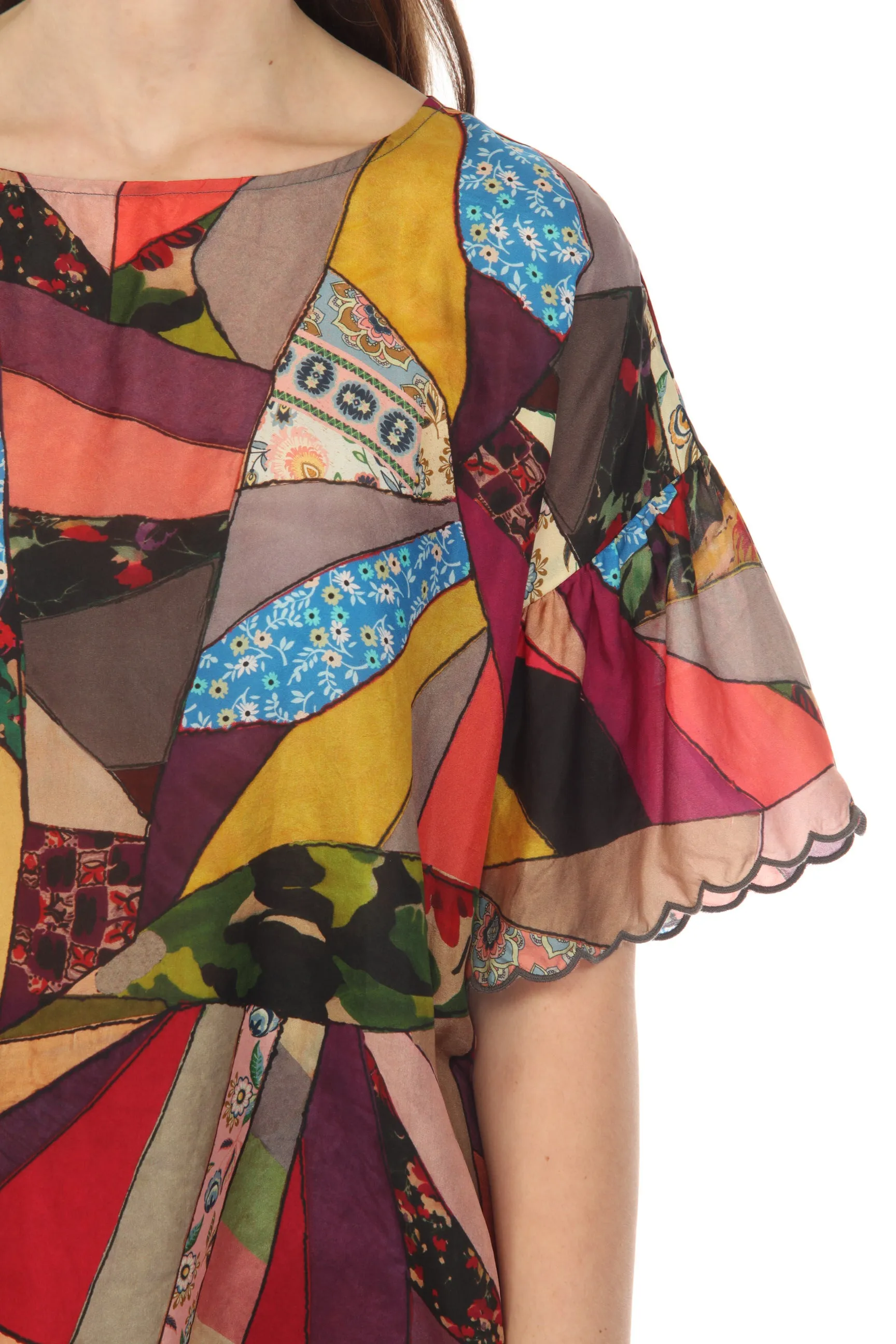 Johnny Was Vintage Eloise Silk Patchwork Print Scalloped Top Boho Chic C15422B7