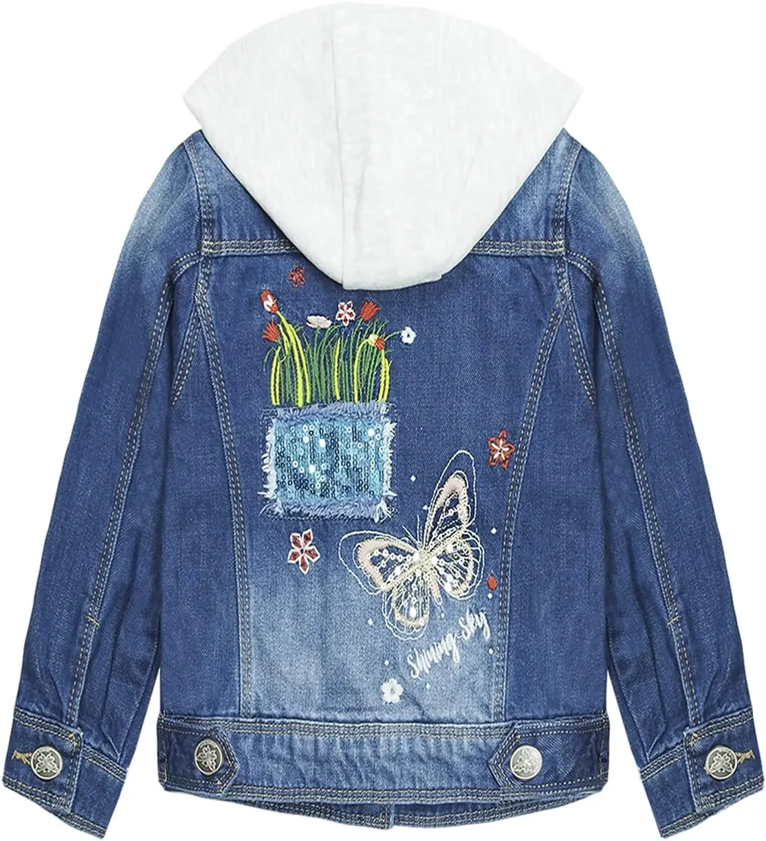 KIDSCOOL SPACE Little Girl Jean Jacket,Flower Embroidered Denim Outfits