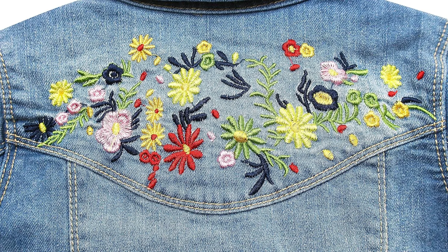 KIDSCOOL SPACE Little Girl Jean Jacket,Flower Embroidered Denim Outfits