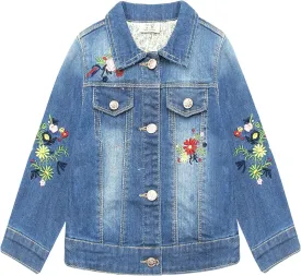 KIDSCOOL SPACE Little Girl Jean Jacket,Flower Embroidered Denim Outfits