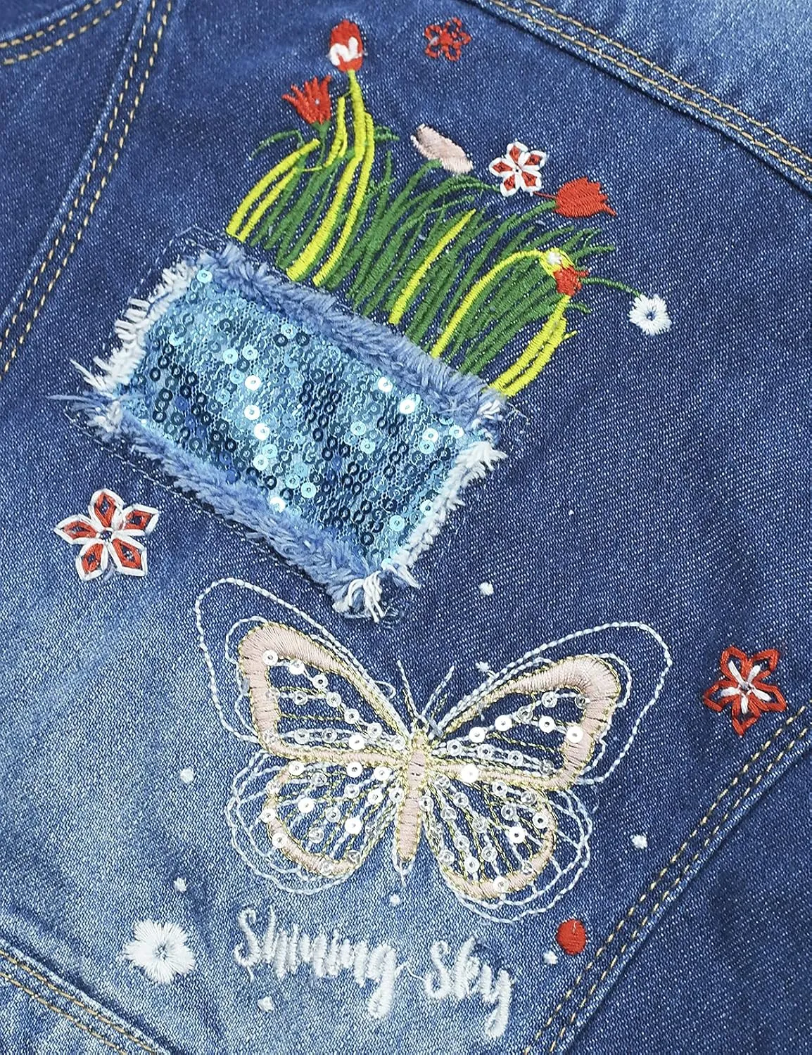 KIDSCOOL SPACE Little Girl Jean Jacket,Flower Embroidered Denim Outfits