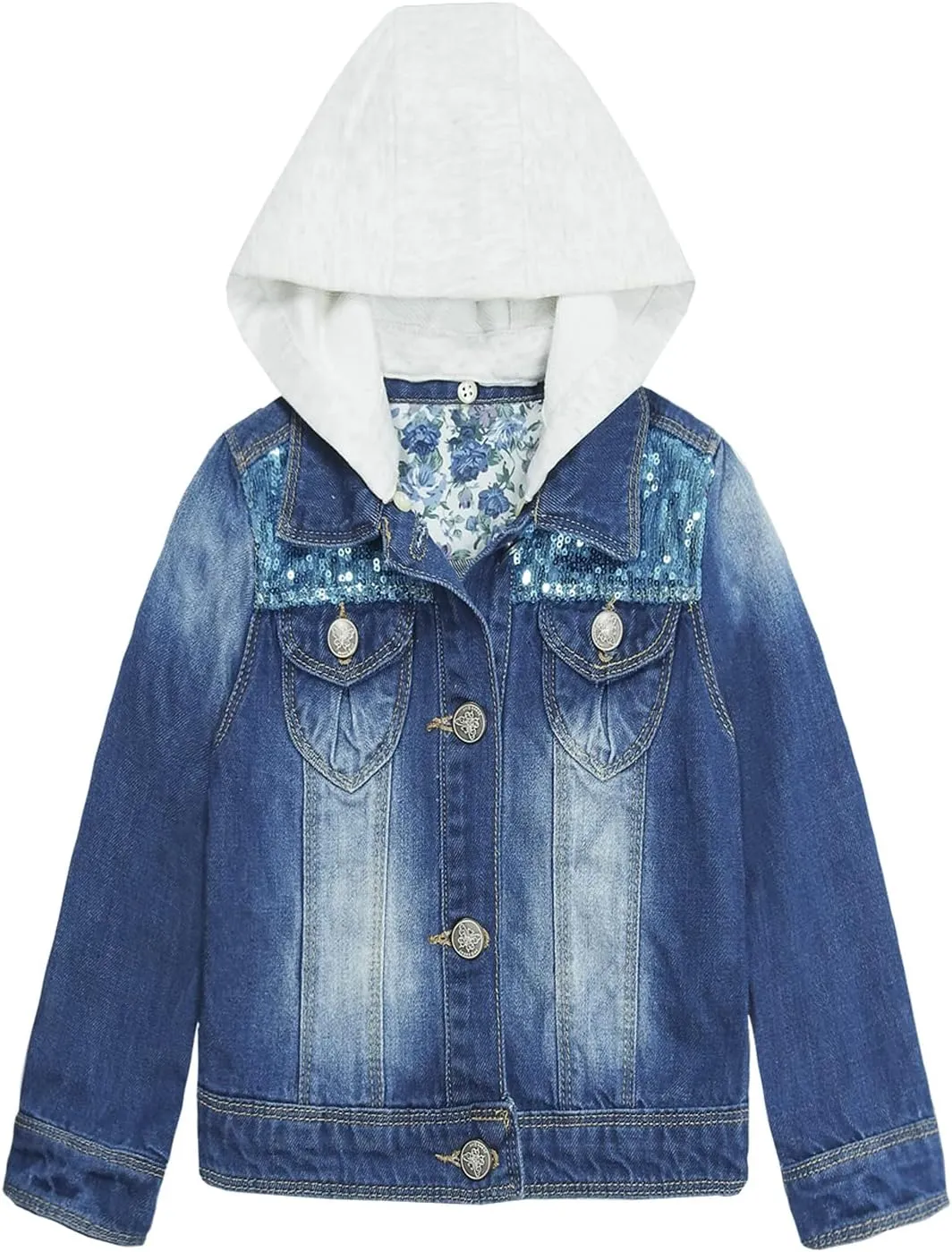 KIDSCOOL SPACE Little Girl Jean Jacket,Flower Embroidered Denim Outfits