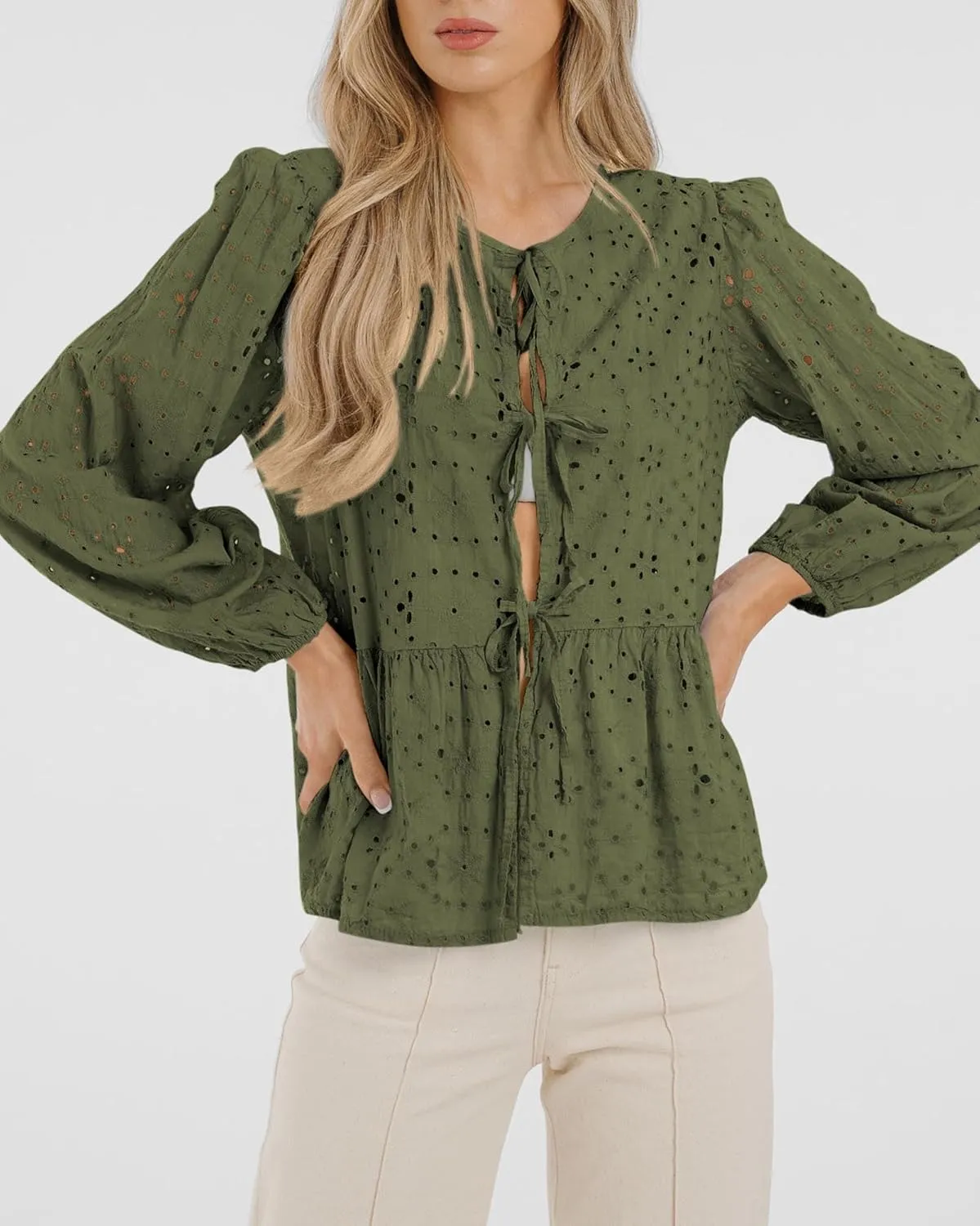 KIRUNDO Womens Tops Casual Dressy Tie Front Bow Puff Sleeve Eyelet Peplum Babydoll Cute Shirts 2025 Spring Trendy Blouse