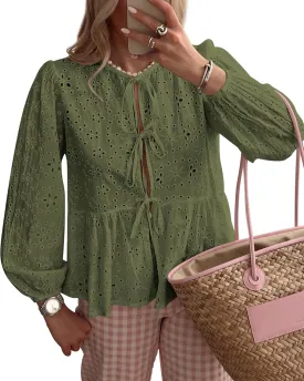 KIRUNDO Womens Tops Casual Dressy Tie Front Bow Puff Sleeve Eyelet Peplum Babydoll Cute Shirts 2025 Spring Trendy Blouse