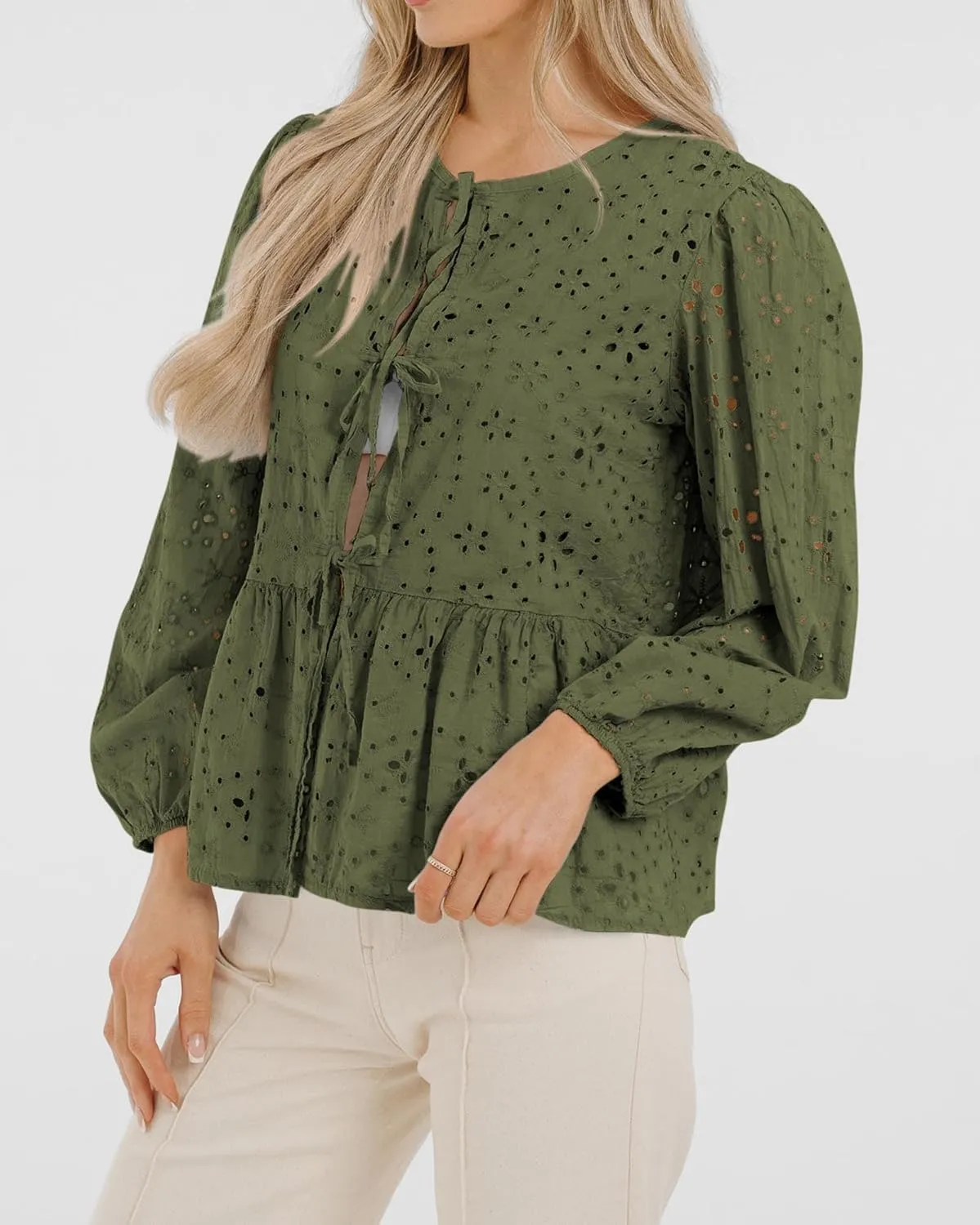 KIRUNDO Womens Tops Casual Dressy Tie Front Bow Puff Sleeve Eyelet Peplum Babydoll Cute Shirts 2025 Spring Trendy Blouse