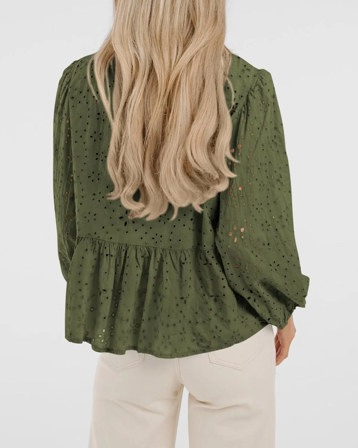 KIRUNDO Womens Tops Casual Dressy Tie Front Bow Puff Sleeve Eyelet Peplum Babydoll Cute Shirts 2025 Spring Trendy Blouse