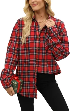 Lumister Oversized Flannel Shirt Women Long Sleeve Plaid Button Buffalo Shirt Blouse Tops with One Pocket