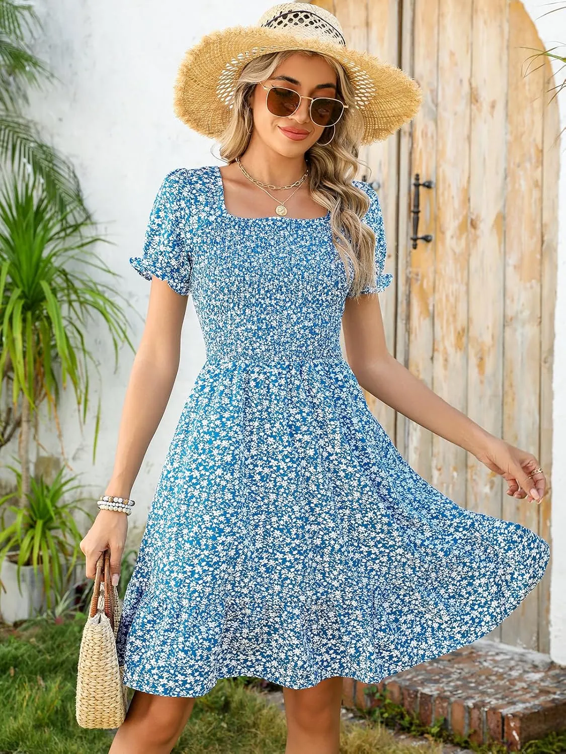 Lyrur Women's Short Sleeve Summer Dresses 2025 Spring Casual Square Neck Easter Dress A-Line Tiered Sundress with Pockets