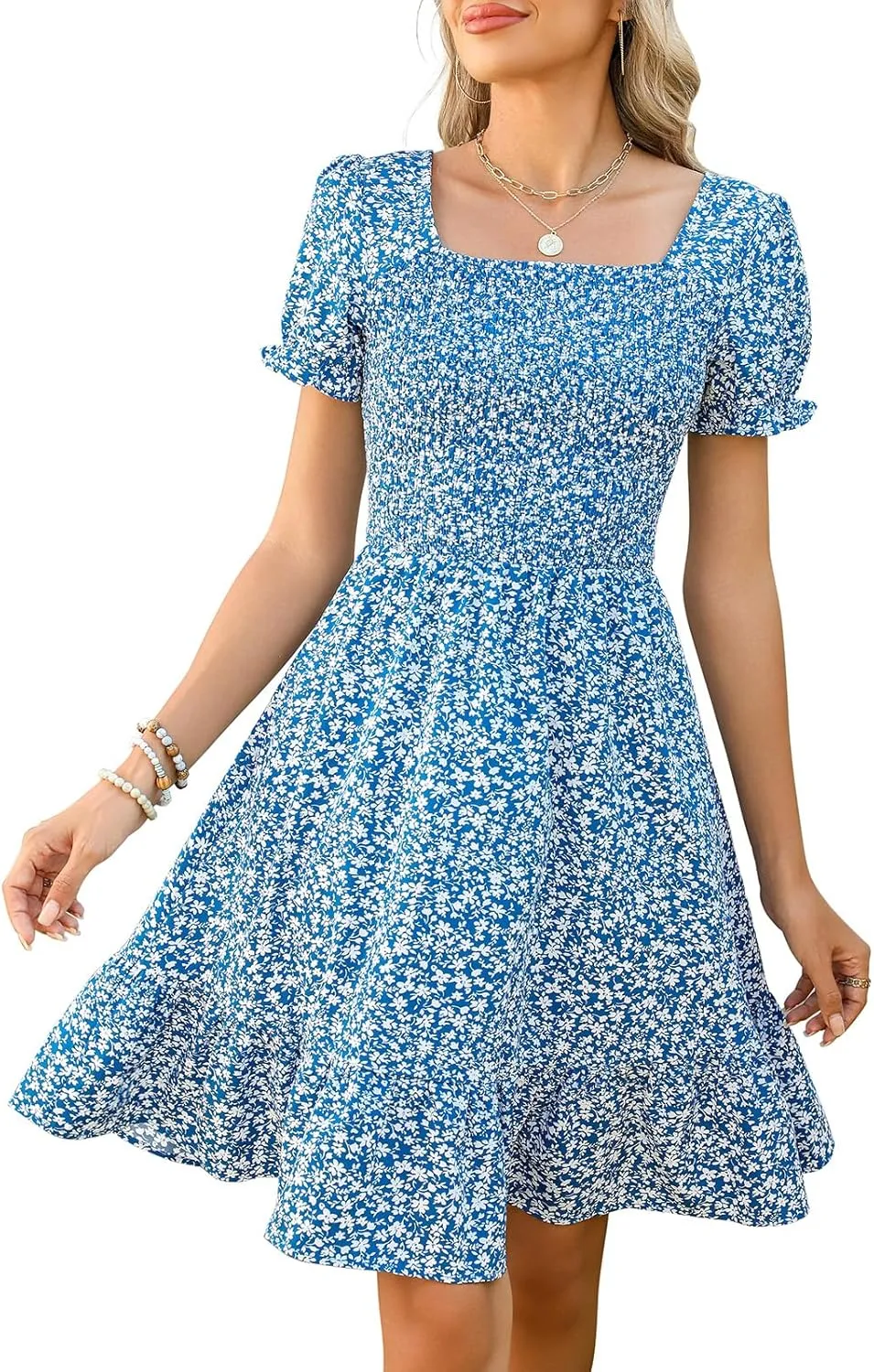 Lyrur Women's Short Sleeve Summer Dresses 2025 Spring Casual Square Neck Easter Dress A-Line Tiered Sundress with Pockets