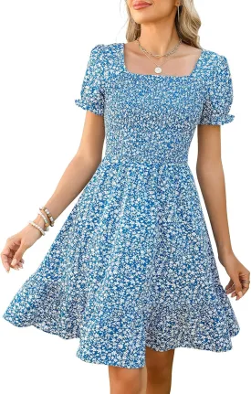 Lyrur Women's Short Sleeve Summer Dresses 2025 Spring Casual Square Neck Easter Dress A-Line Tiered Sundress with Pockets