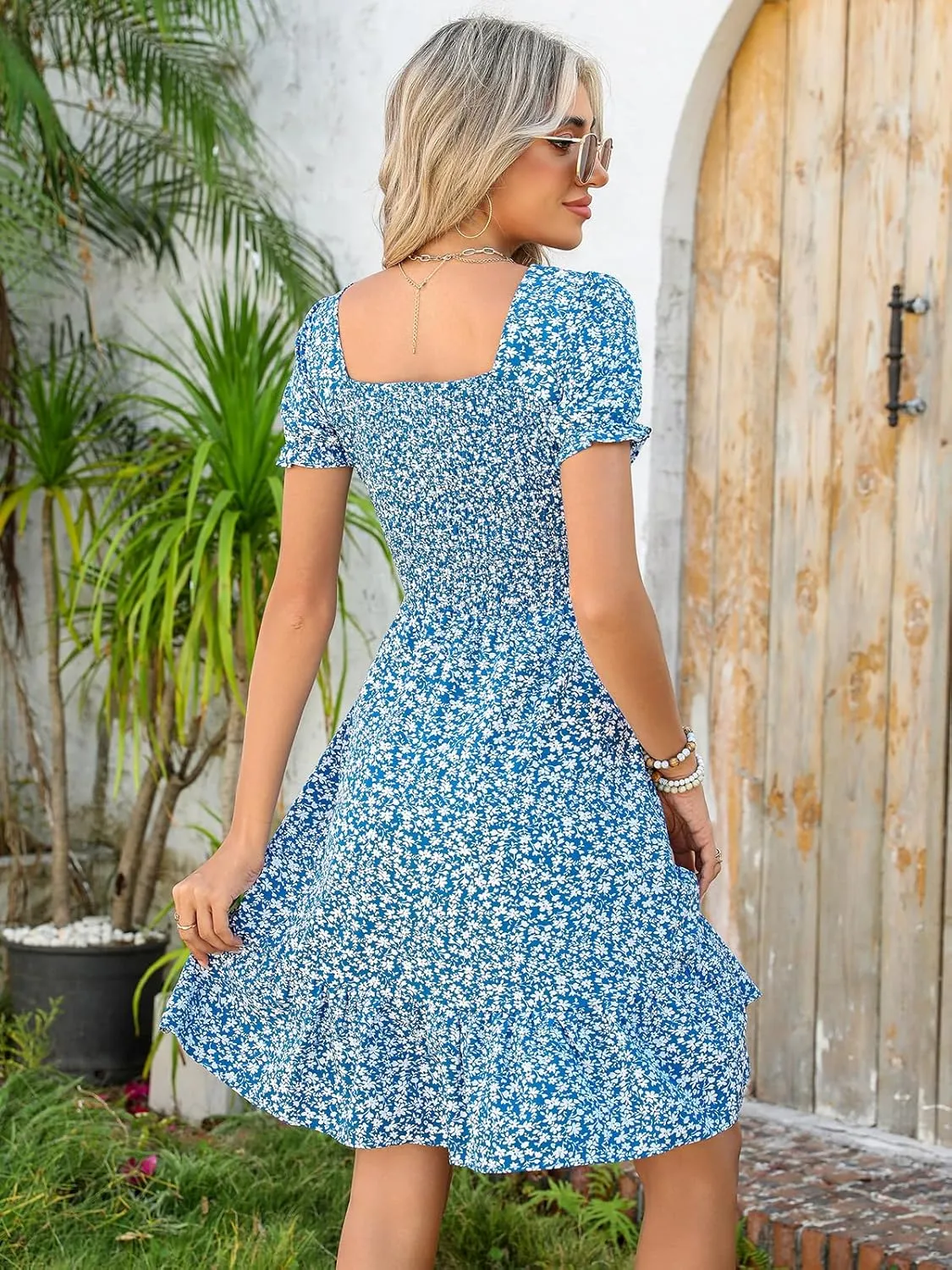 Lyrur Women's Short Sleeve Summer Dresses 2025 Spring Casual Square Neck Easter Dress A-Line Tiered Sundress with Pockets