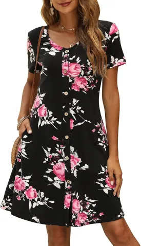 Manydress Women's Summer Casual T Shirt Dresses Short Sleeve Button Down Swing Dress with Pockets MY035