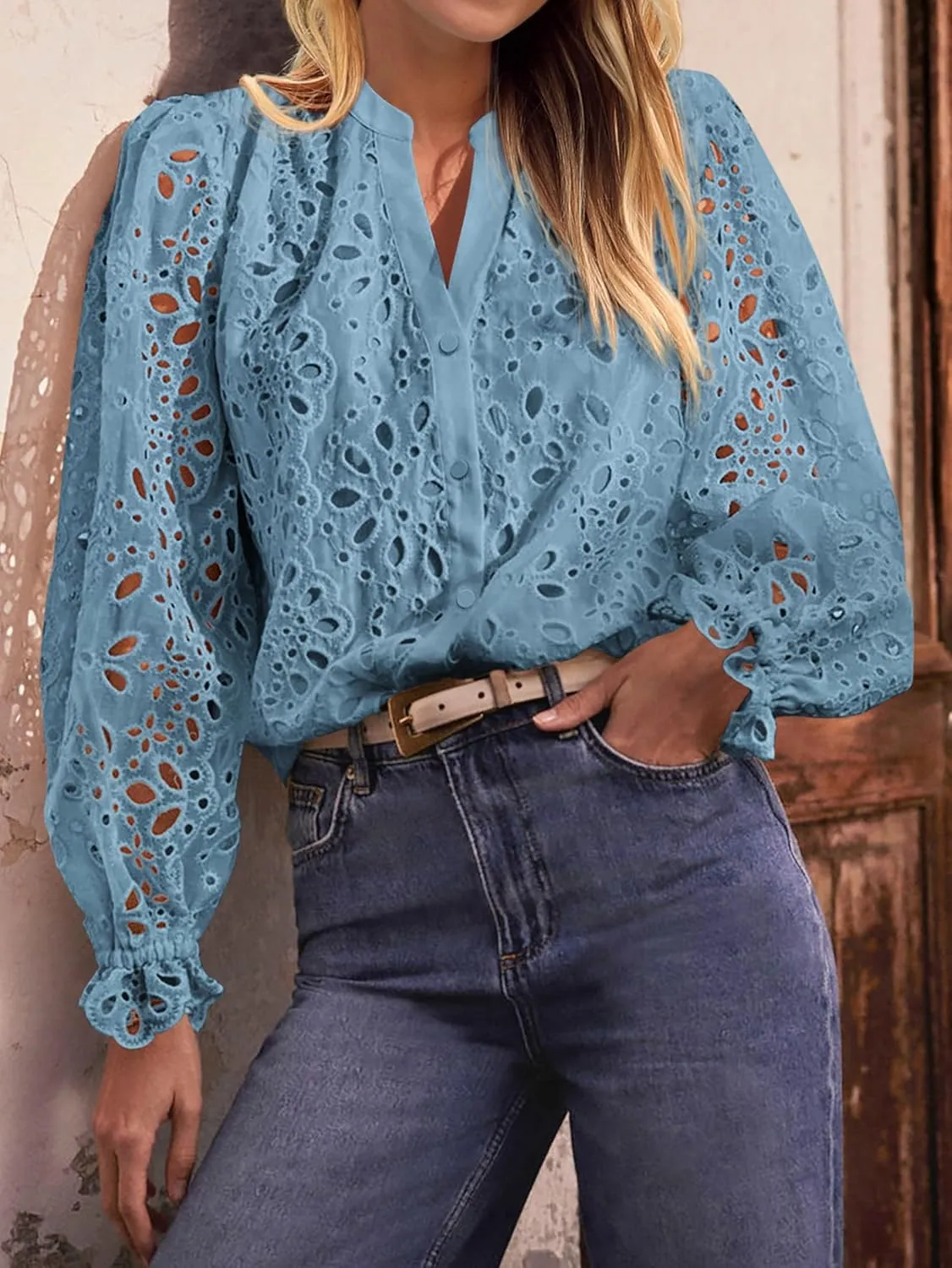 MASCOMODA Womens Tops Dressy Casual Fall Puff Long Sleeve Eyelet Button Shirts V Neck Lace Embroidered Hollow Out Work Blouse