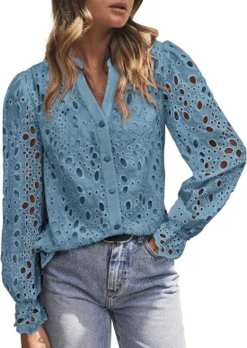 MASCOMODA Womens Tops Dressy Casual Fall Puff Long Sleeve Eyelet Button Shirts V Neck Lace Embroidered Hollow Out Work Blouse