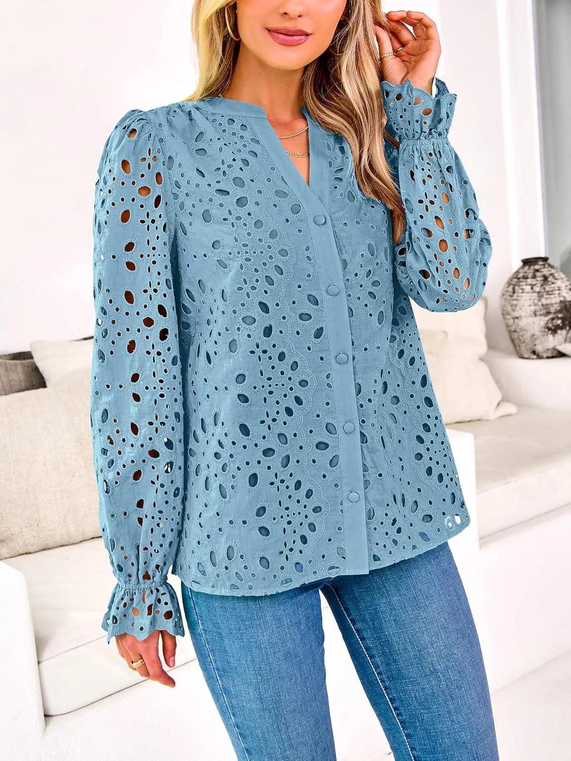 MASCOMODA Womens Tops Dressy Casual Fall Puff Long Sleeve Eyelet Button Shirts V Neck Lace Embroidered Hollow Out Work Blouse