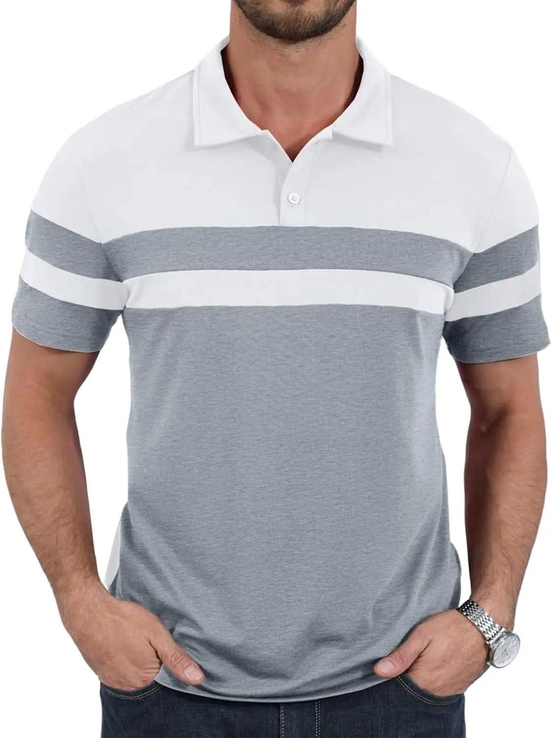 Mens Polo Shirts Short Sleeve Color Block T Shirt Summer Lightweight Casual Golf Shirts