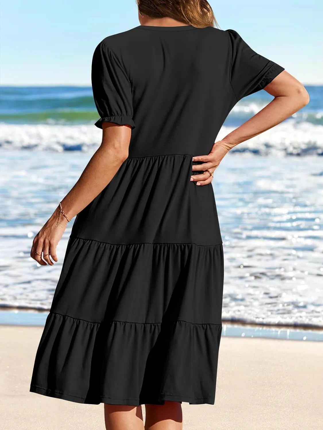 MEROKEETY Women's 2025 Summer Casual Short Puff Sleeve Midi Dress V Neck Flowy Tiered Swing A Line Beach Vacation Sundresses
