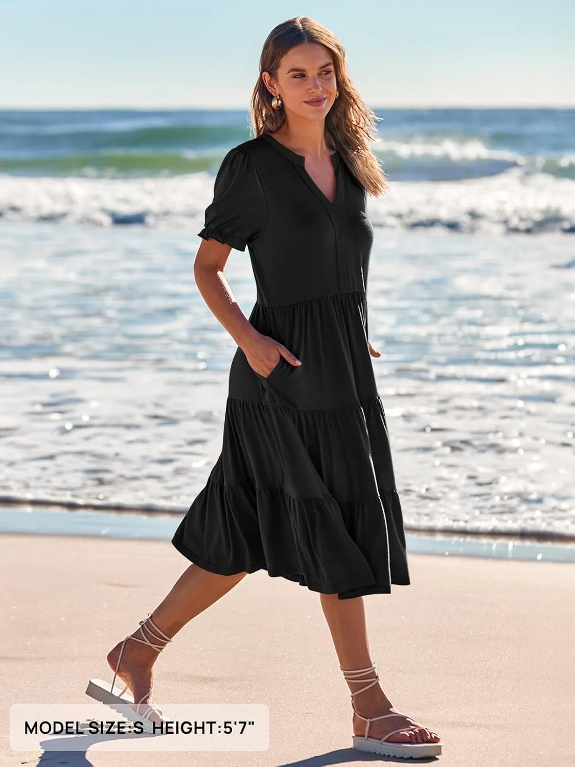 MEROKEETY Women's 2025 Summer Casual Short Puff Sleeve Midi Dress V Neck Flowy Tiered Swing A Line Beach Vacation Sundresses