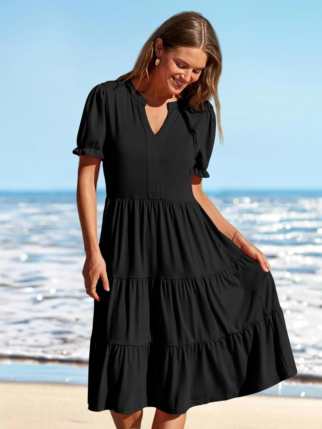 MEROKEETY Women's 2025 Summer Casual Short Puff Sleeve Midi Dress V Neck Flowy Tiered Swing A Line Beach Vacation Sundresses