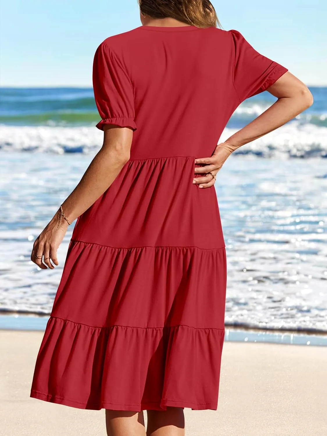 MEROKEETY Women's 2025 Summer Casual Short Puff Sleeve Midi Dress V Neck Flowy Tiered Swing A Line Beach Vacation Sundresses