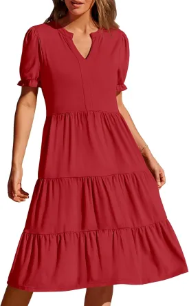 MEROKEETY Women's 2025 Summer Casual Short Puff Sleeve Midi Dress V Neck Flowy Tiered Swing A Line Beach Vacation Sundresses