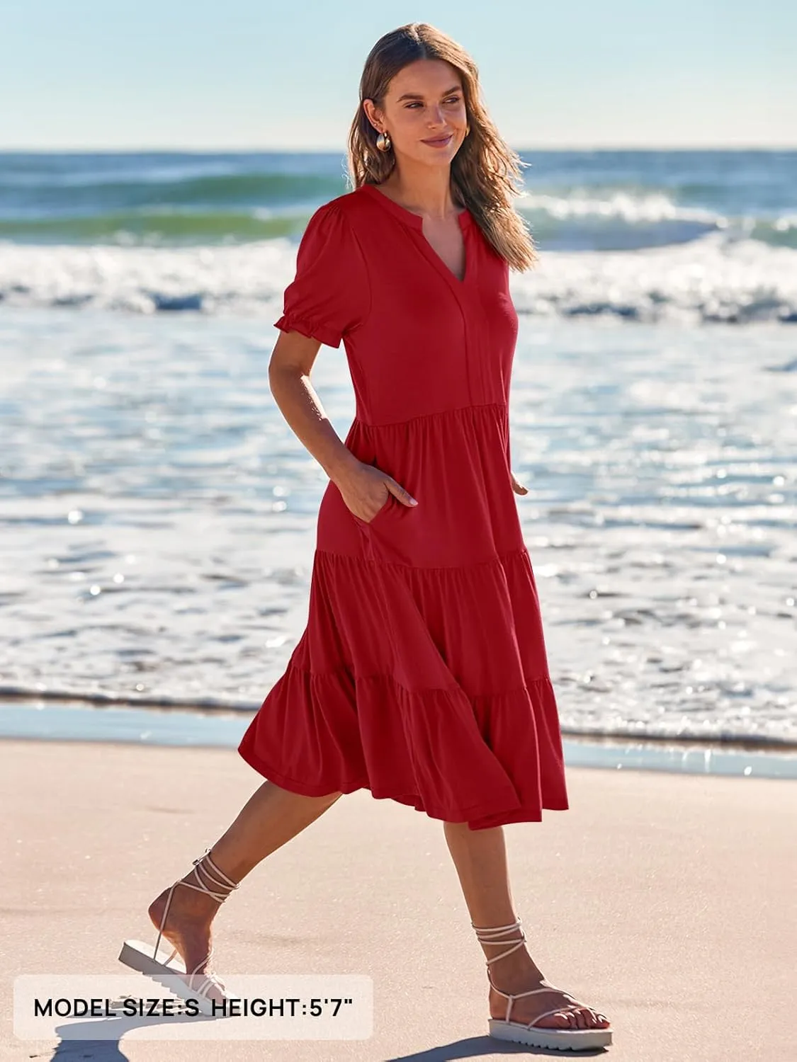 MEROKEETY Women's 2025 Summer Casual Short Puff Sleeve Midi Dress V Neck Flowy Tiered Swing A Line Beach Vacation Sundresses