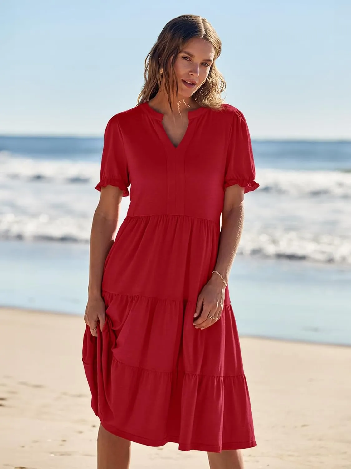 MEROKEETY Women's 2025 Summer Casual Short Puff Sleeve Midi Dress V Neck Flowy Tiered Swing A Line Beach Vacation Sundresses