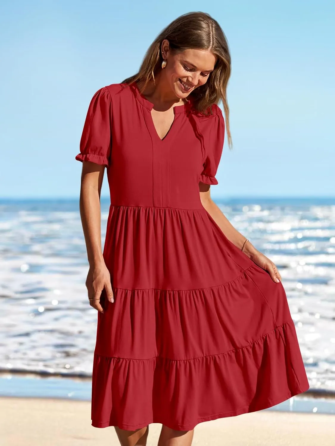 MEROKEETY Women's 2025 Summer Casual Short Puff Sleeve Midi Dress V Neck Flowy Tiered Swing A Line Beach Vacation Sundresses