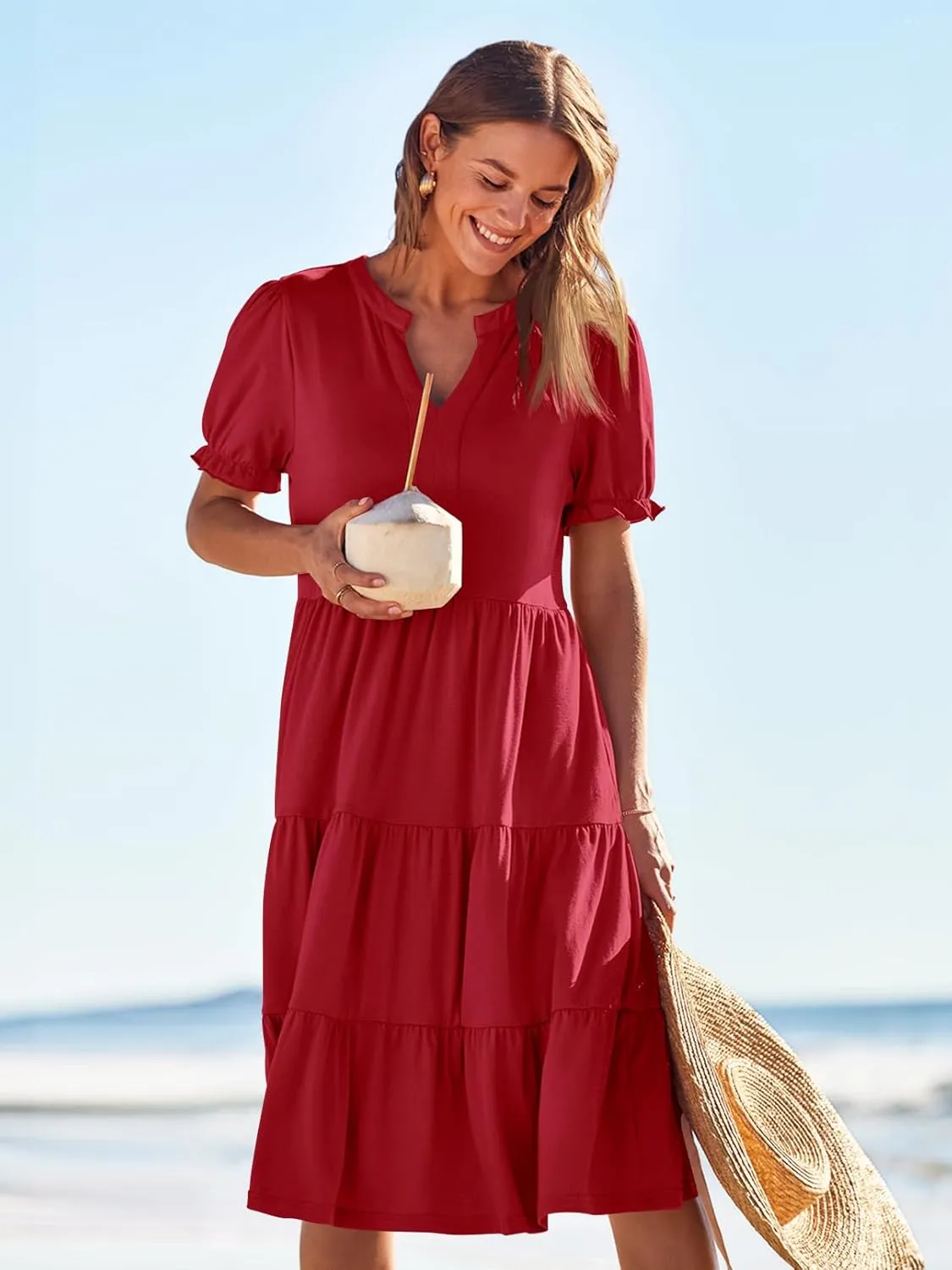 MEROKEETY Women's 2025 Summer Casual Short Puff Sleeve Midi Dress V Neck Flowy Tiered Swing A Line Beach Vacation Sundresses