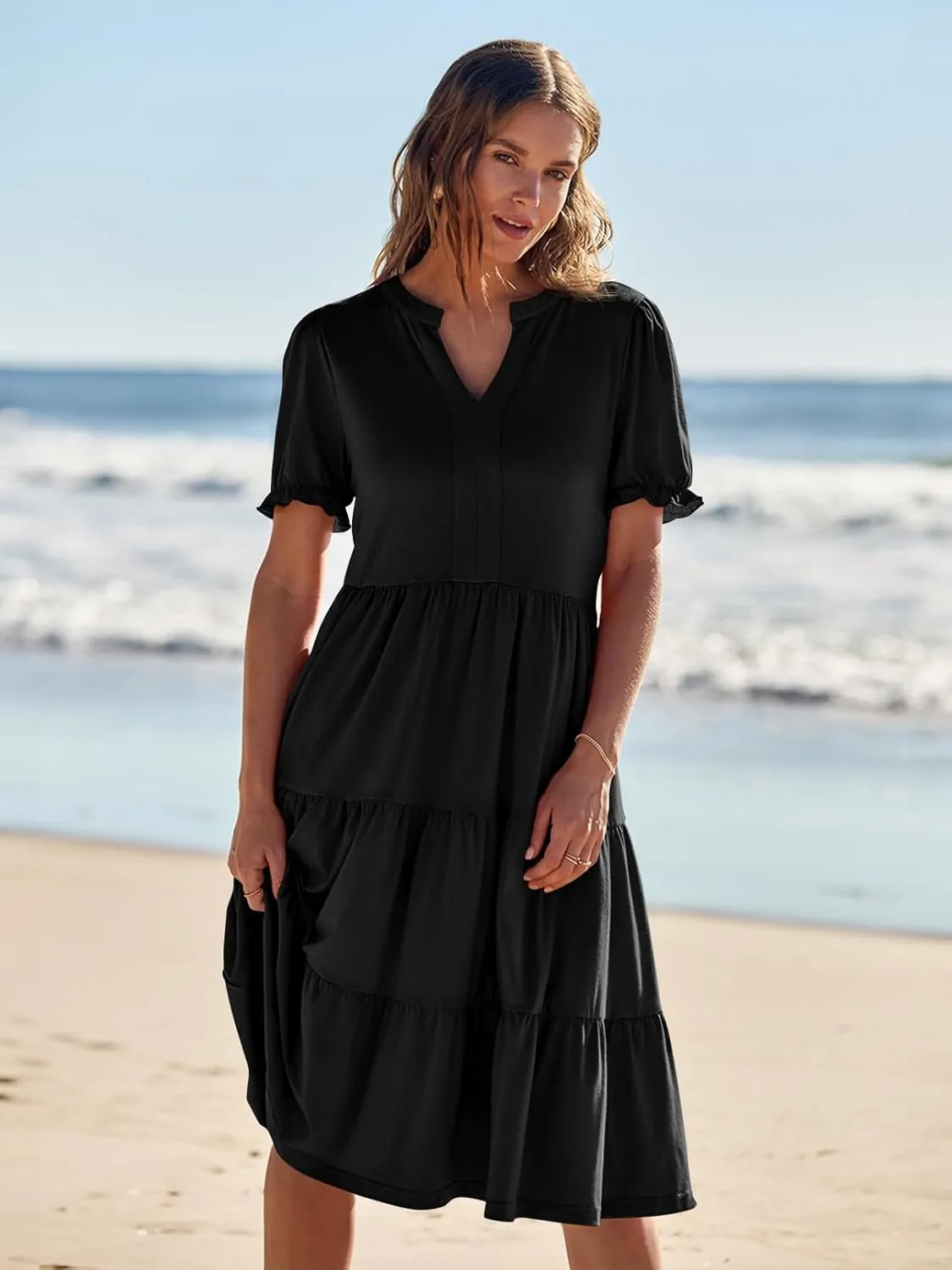 MEROKEETY Women's 2025 Summer Casual Short Puff Sleeve Midi Dress V Neck Flowy Tiered Swing A Line Beach Vacation Sundresses