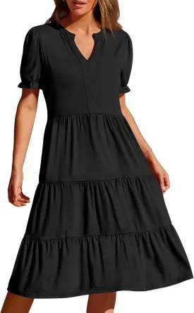 MEROKEETY Women's 2025 Summer Casual Short Puff Sleeve Midi Dress V Neck Flowy Tiered Swing A Line Beach Vacation Sundresses