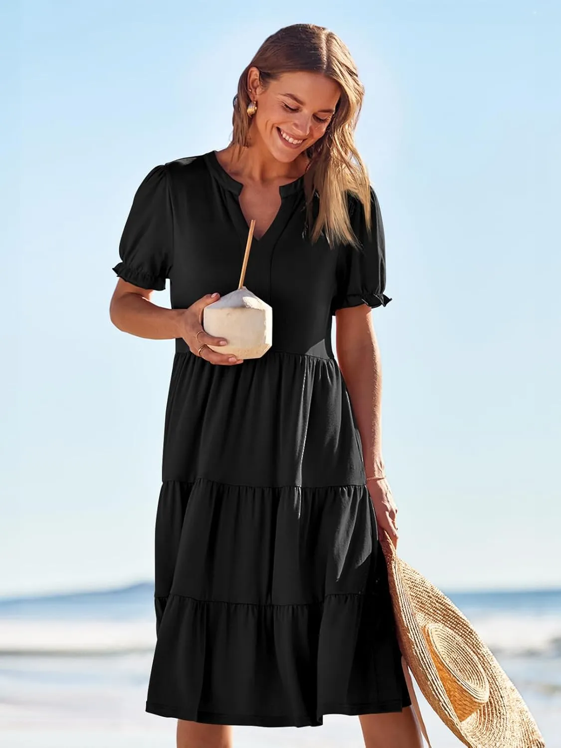 MEROKEETY Women's 2025 Summer Casual Short Puff Sleeve Midi Dress V Neck Flowy Tiered Swing A Line Beach Vacation Sundresses